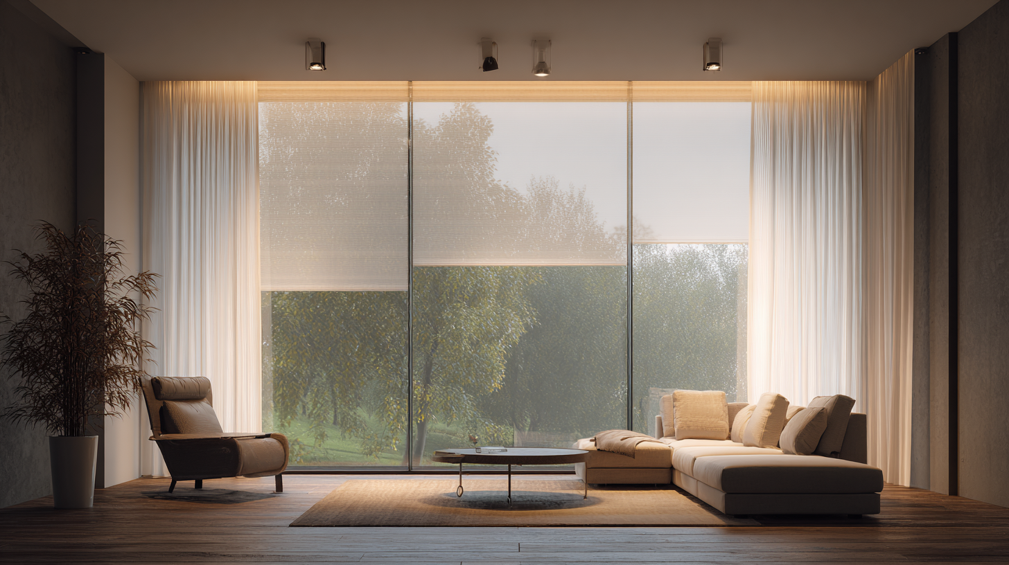 Wohnzimmer mit halbtransparentem Graphen-SmartCurtain, warme Infrarotstrahlung spürbar