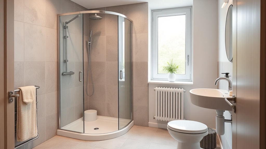 Bodengleiches Altbau-Bad mit begehbarer Dusche, klappbarem Duschsitz und Haltegriffen in neutralem Grau