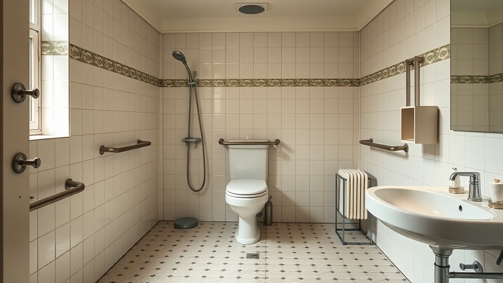 Montierte Haltegriffe neben WC und in der Dusche mit versteckten Verschraubungen