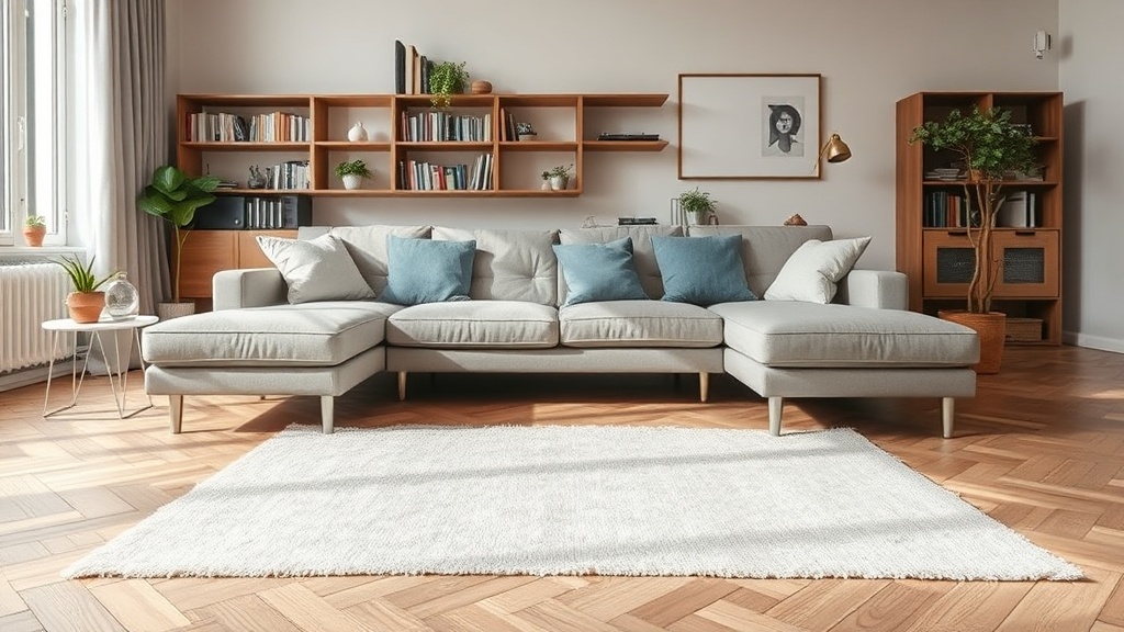 Detailansicht von Teppichmaterialien und Unterlage im Wohnzimmer mit Holzboden