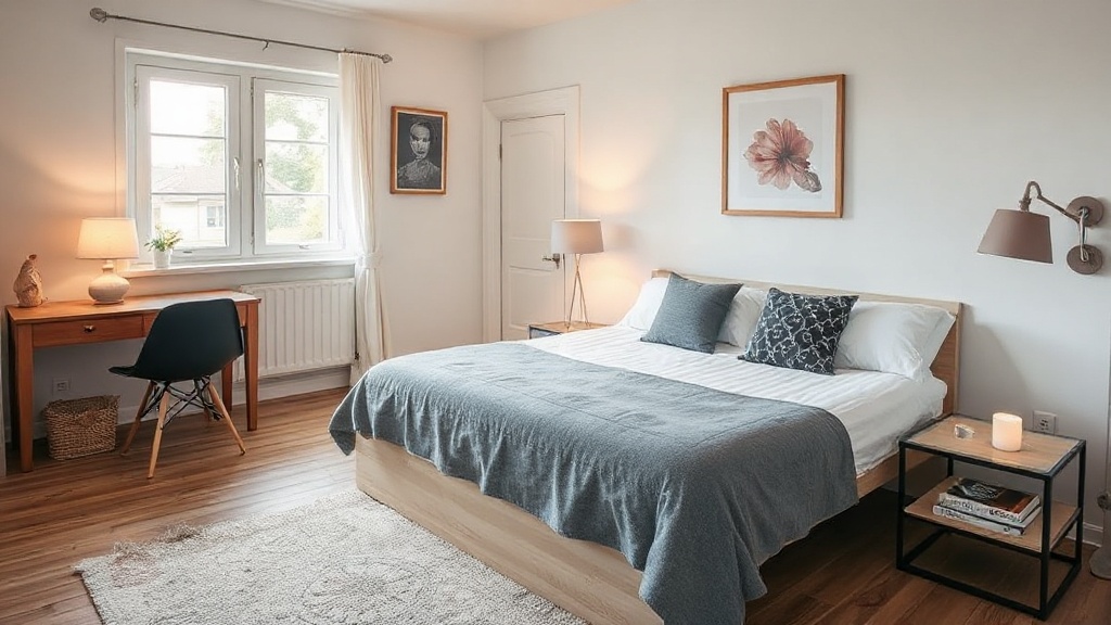 Wohnzimmer mit Tagesbett, ausgeklappt als Doppelbett mit Bettwäsche und Kissen