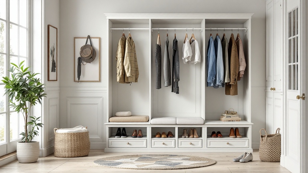 Garderobe im Flur mit Sitzbank, Haken und Schuhschrank