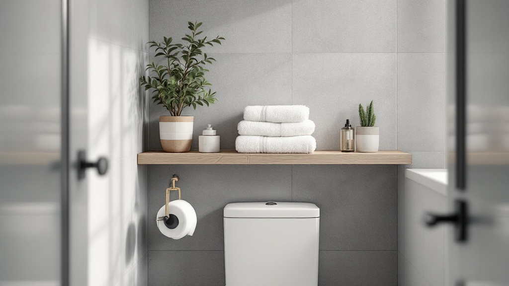 Wandregal im Badezimmer über der Toilette montiert mit Handtüchern und Deko