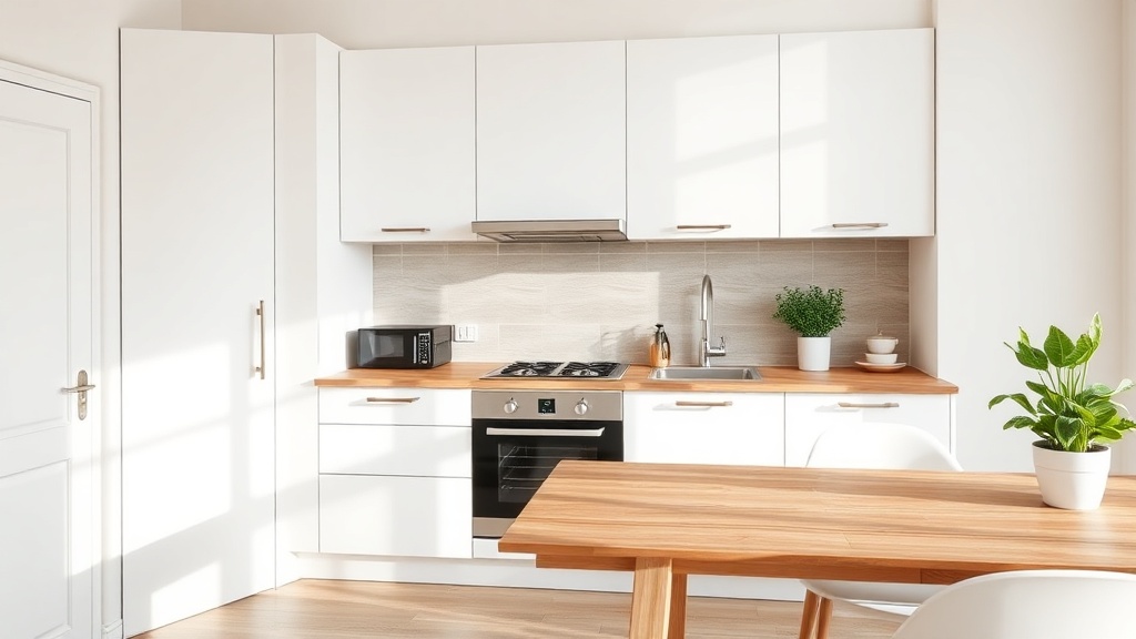 Moderne Einbauküche in einer Mietwohnung mit weißen Fronten und Holzplatte